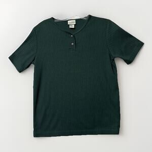 Ribbed Knit Top Vtg Y2K Women Small Green Short Sleeve Boho Cottage 90s School